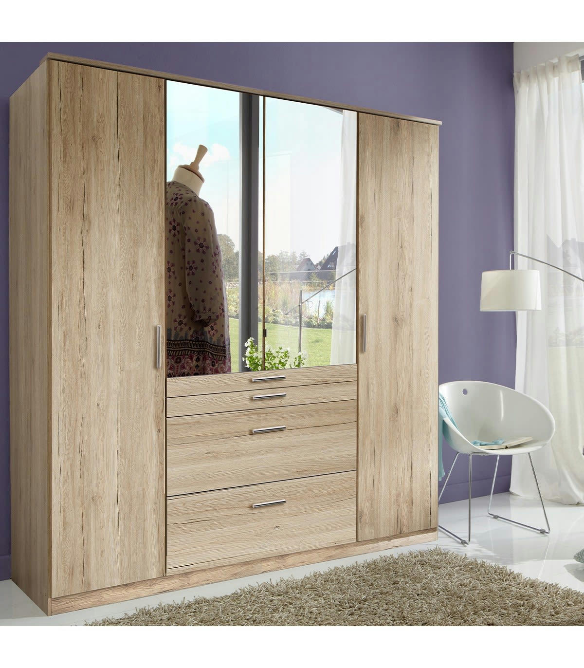 - Armoire 4 portes dont 1 miroir, 4 tiroirs - L180 cm