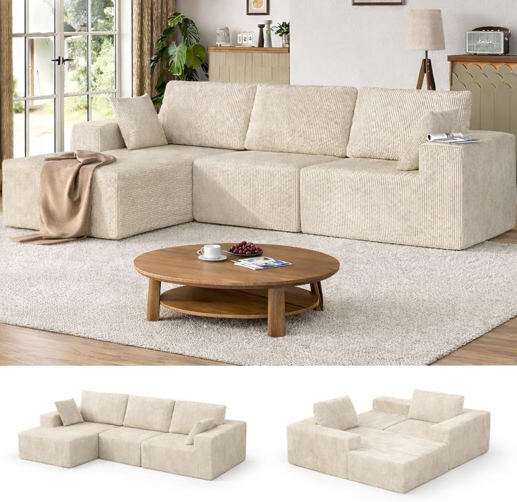 107 L-Shaped Boneless Couch, Cloud Modular Sectional Sofa with Chaise, Upholstered - No Assembly, Deep Seat, Soft Cushions & Backrest, for Living Room, Beige