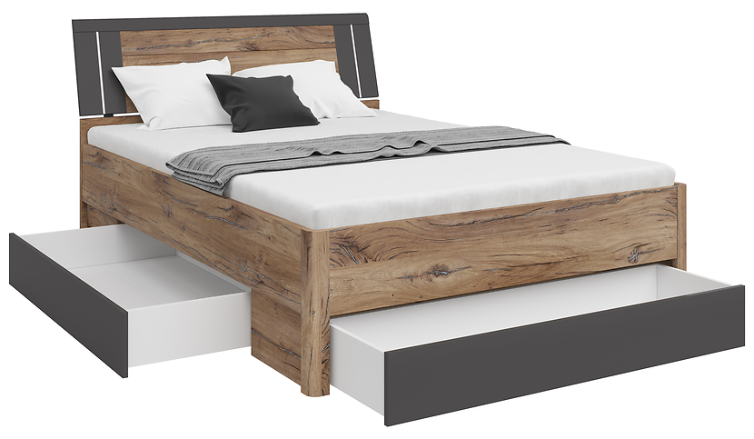 Łóżko Saturn dąb flagstaff ciemny/grafit z materacem Mimas Silver 180x200