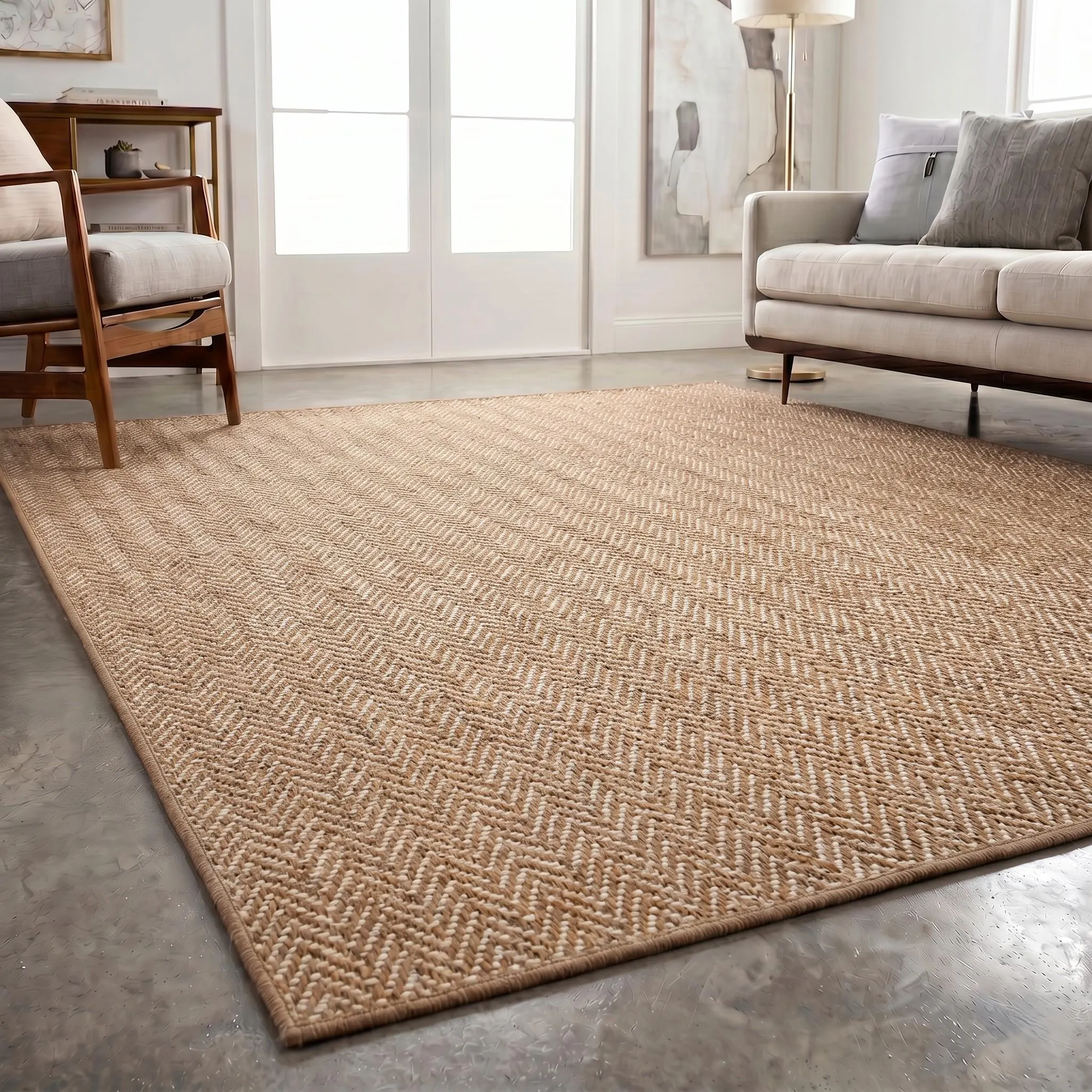 Washable Herringbone Door Mat, Brown Low Pile Entryway Rug, Textured Sisal Look, Flatweave Porch Mat