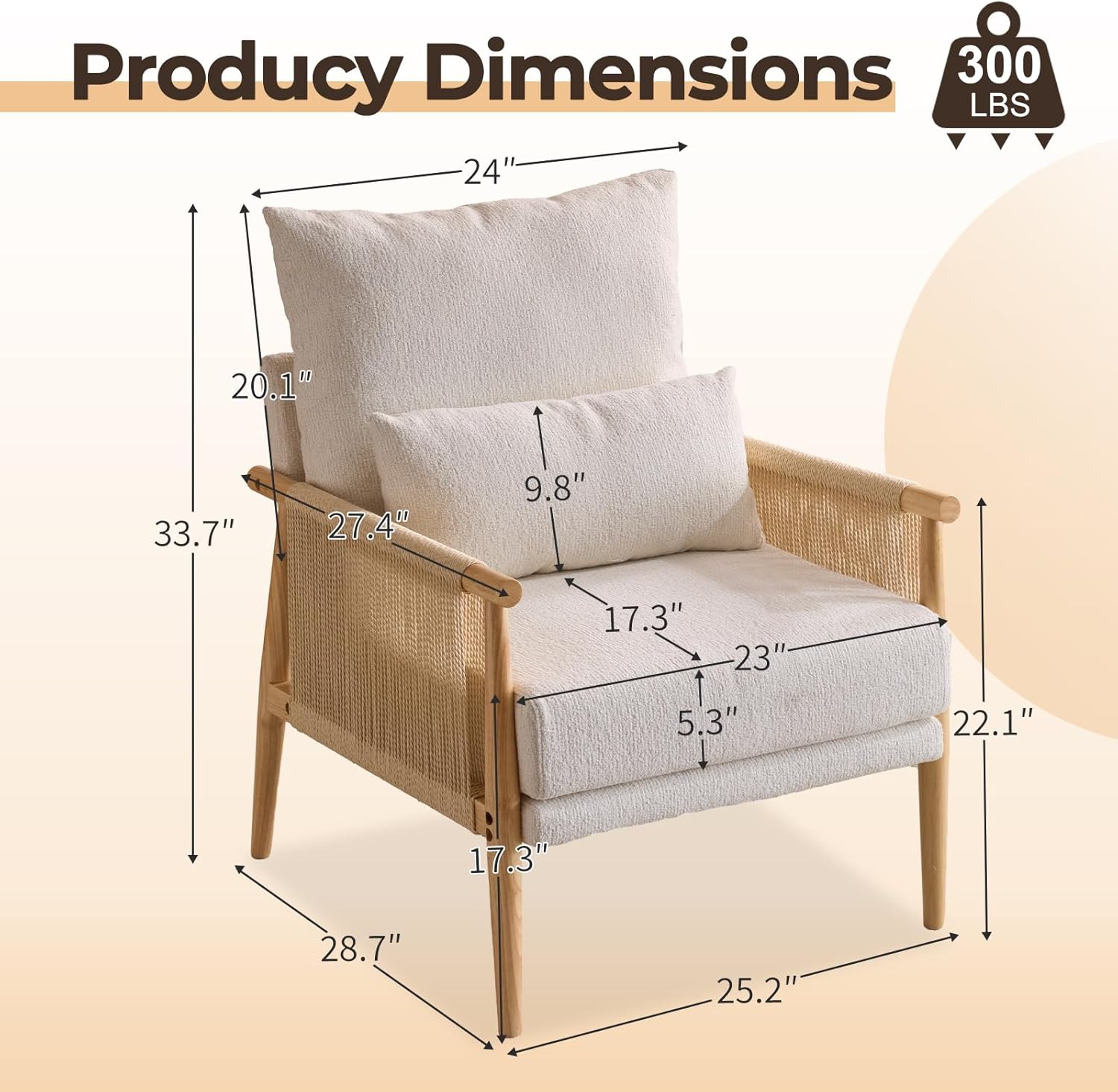 Karl home Cozy Chenille Accent Chair with Lumbar Pillow & Rattan Arms Modern Lounge Chair for Living Room, Bedroom, Reading Nook, Beige