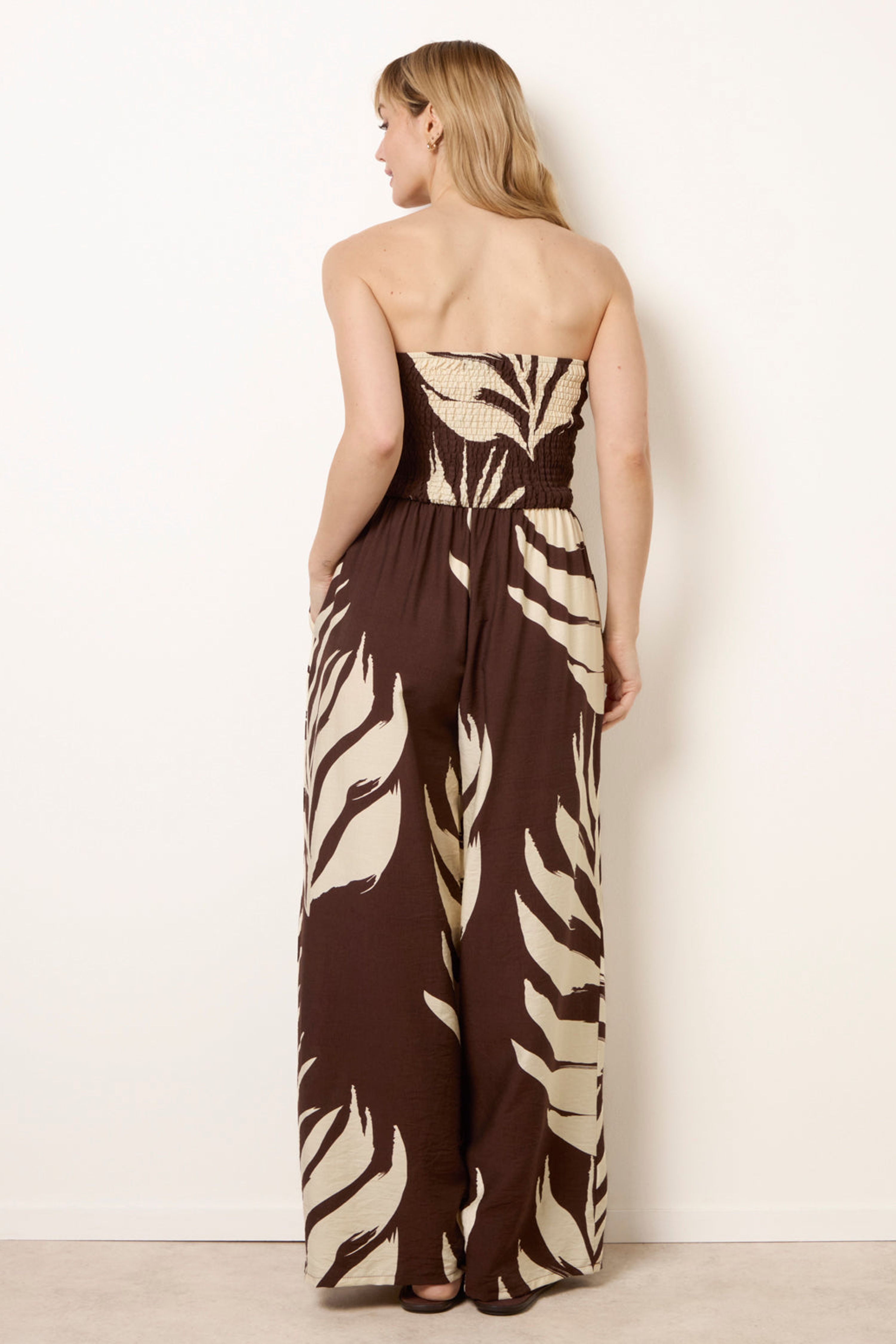Blue Vanilla Brown Printed Bandeau Tie Neck Shirred Jumpsuit