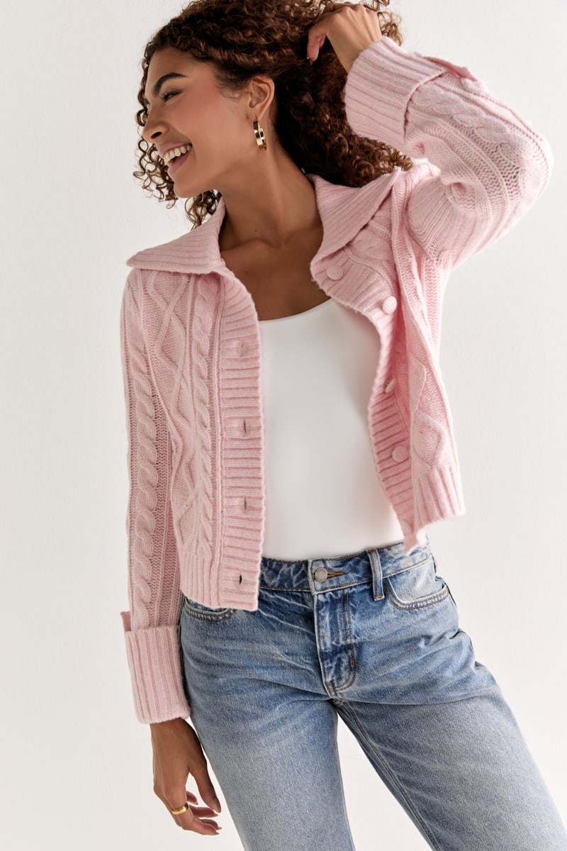 Estela Cable Faux Fur Collar Cardigan Blush