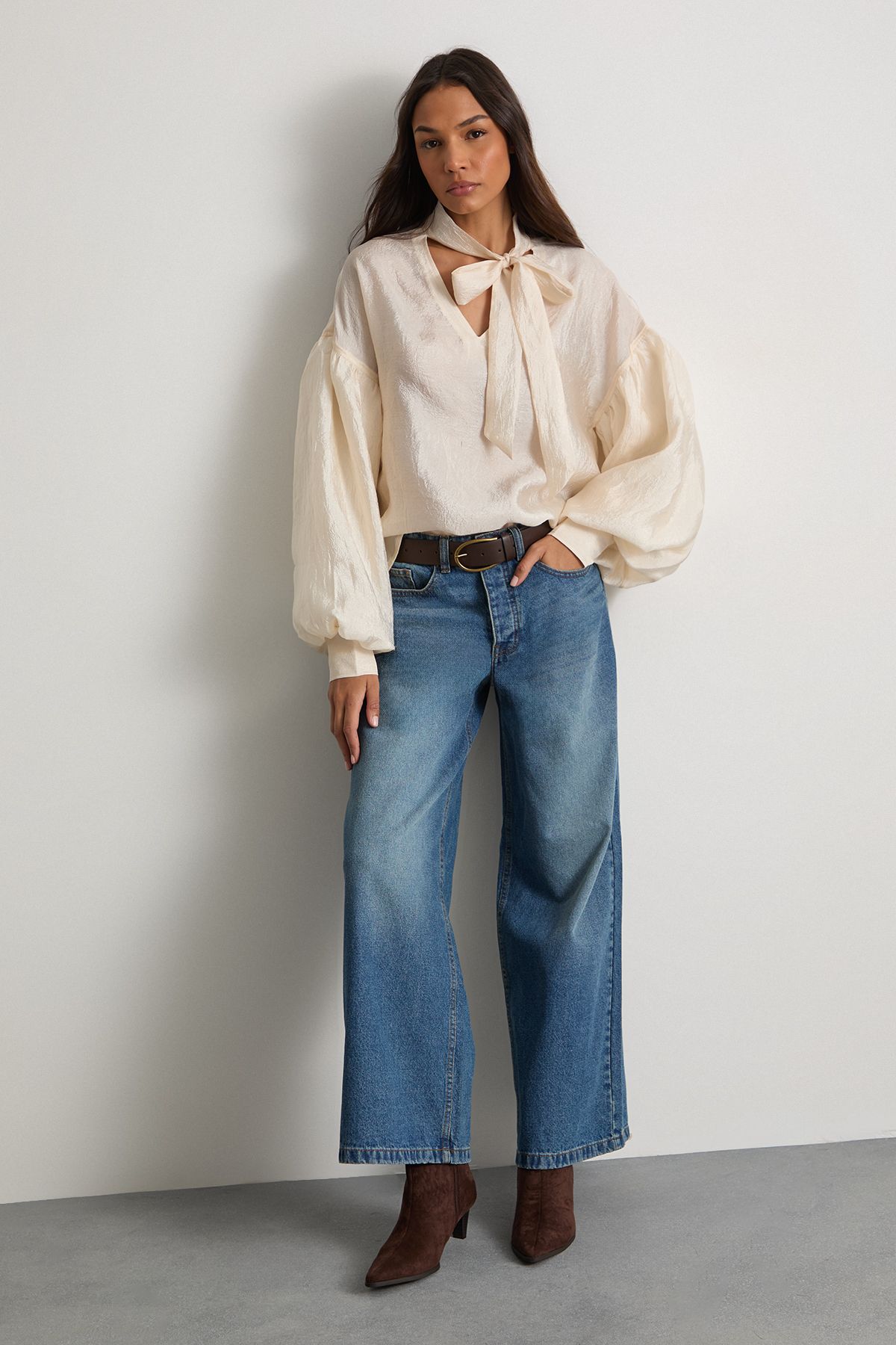 Warehouse Pussybow Tie Neck Blouson Sleeve Blouse
