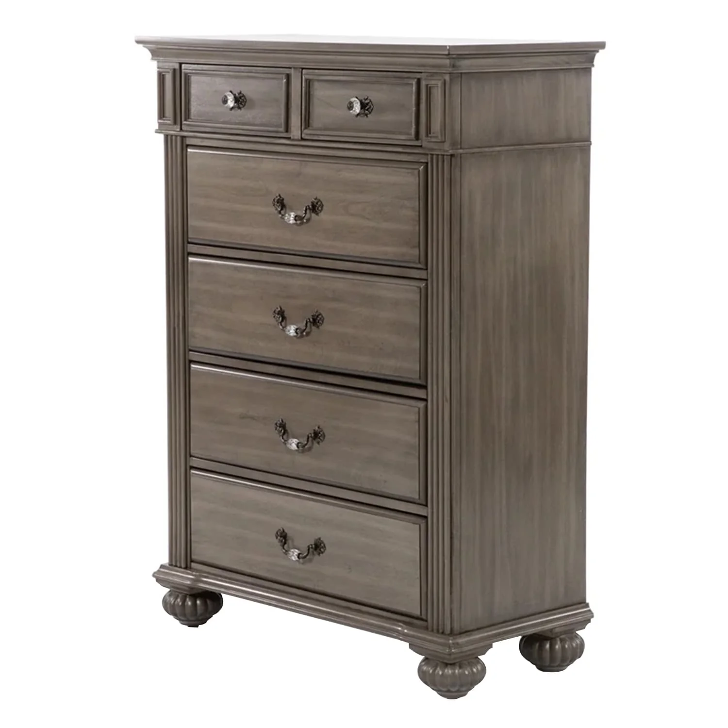 Recus Tall Dresser Chest, 6 Drawers w Brass Handles, Gray Solid Wood
