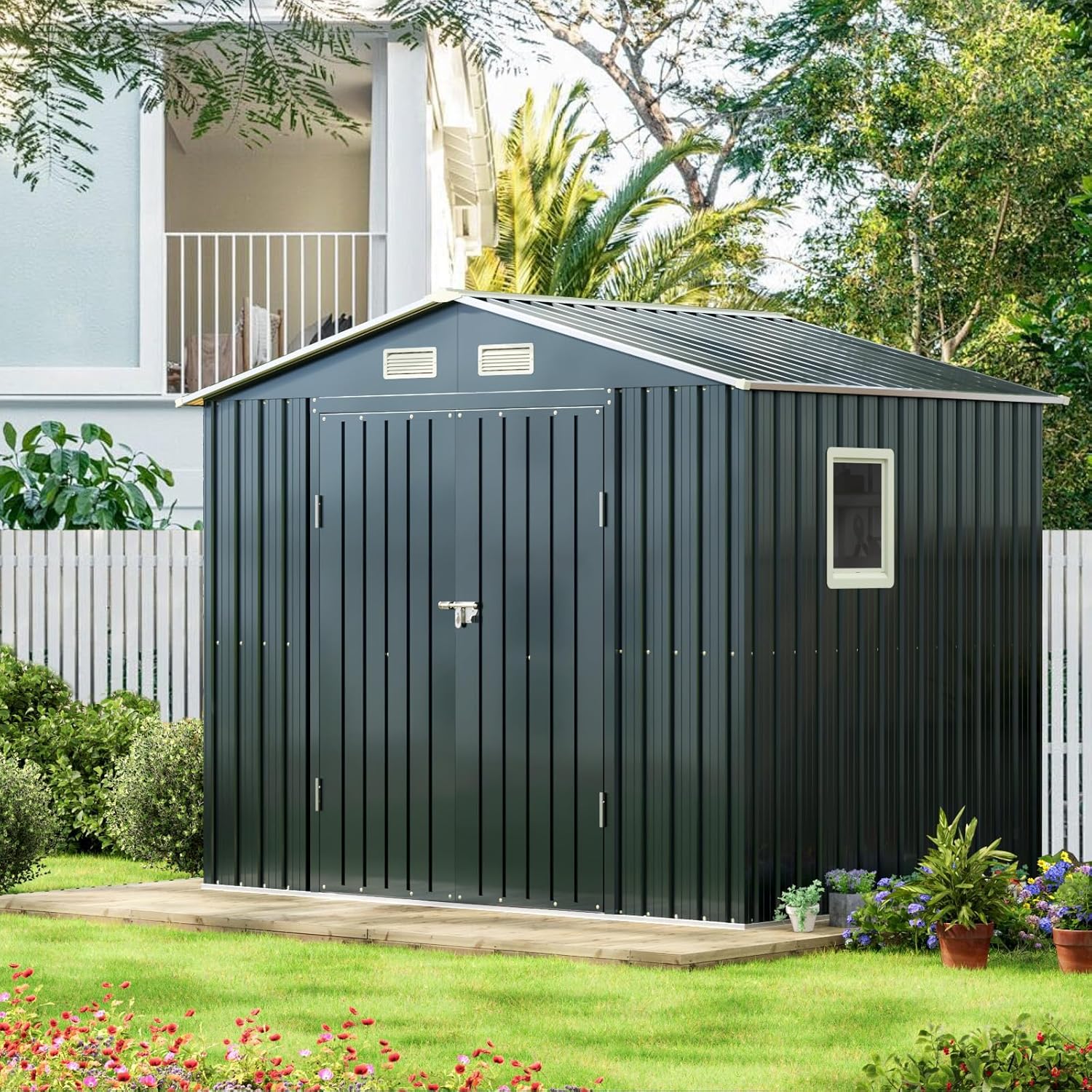 8x6FT Outdoor Steel Storage Shed with Clear Window, Lockable Doors, Weather-Resistant Metal Tool Shed for Garden, Backyard, Patio, and Utility Storage(10X12FT/Base)