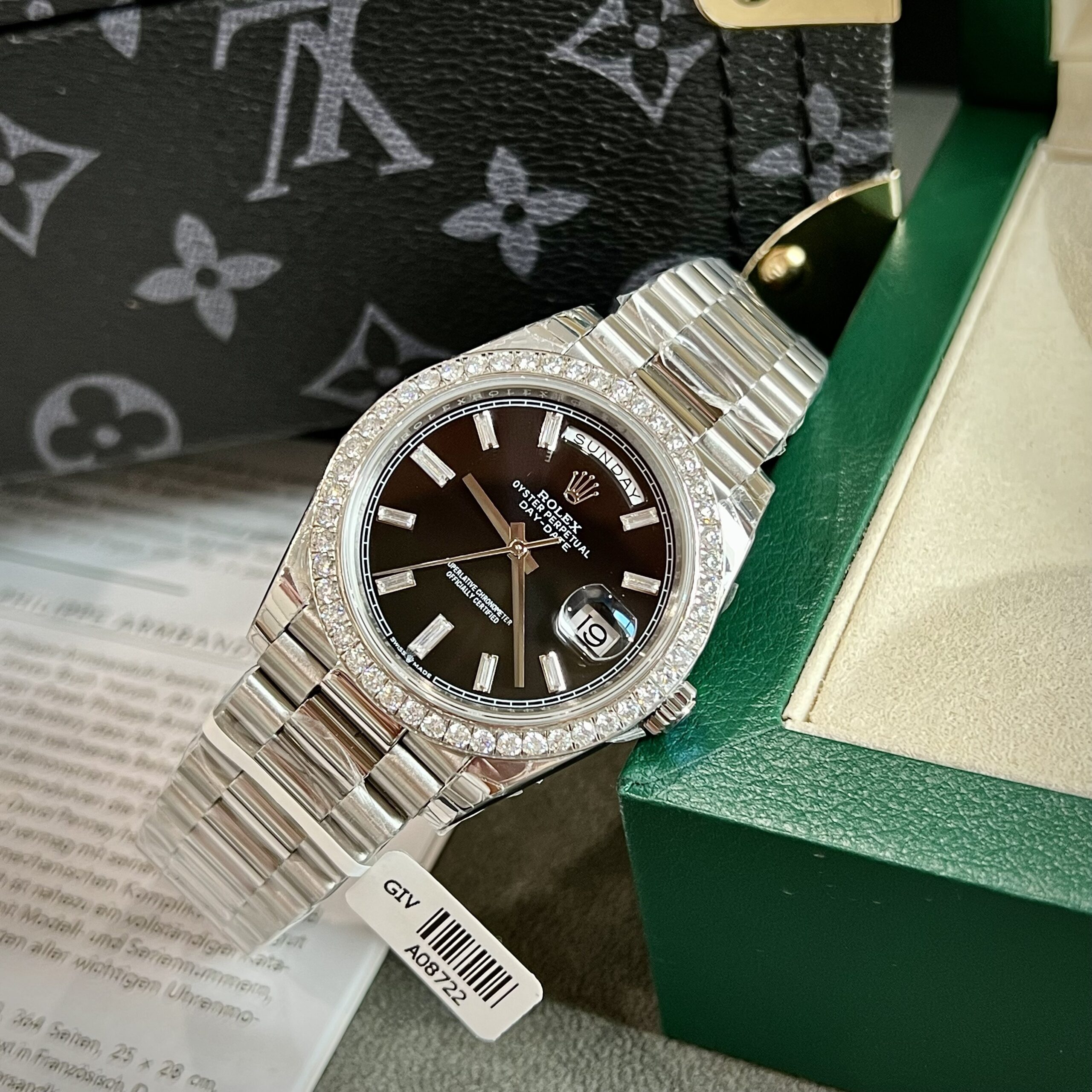 Rolex Day-Date 904L Steel Black Dial With Diamonds 40mm Super Clone