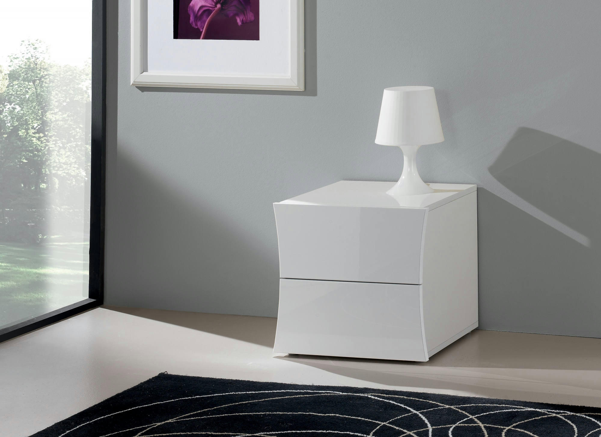 PIETRO - Table de chevet avec 2 tiroirs en effet bois blanc brillant