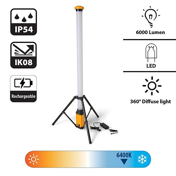 Lampe tubulaire LED rechargeable 6.000lm, 54W, 360 degrés sur trépied. Chargeur à charge rapide