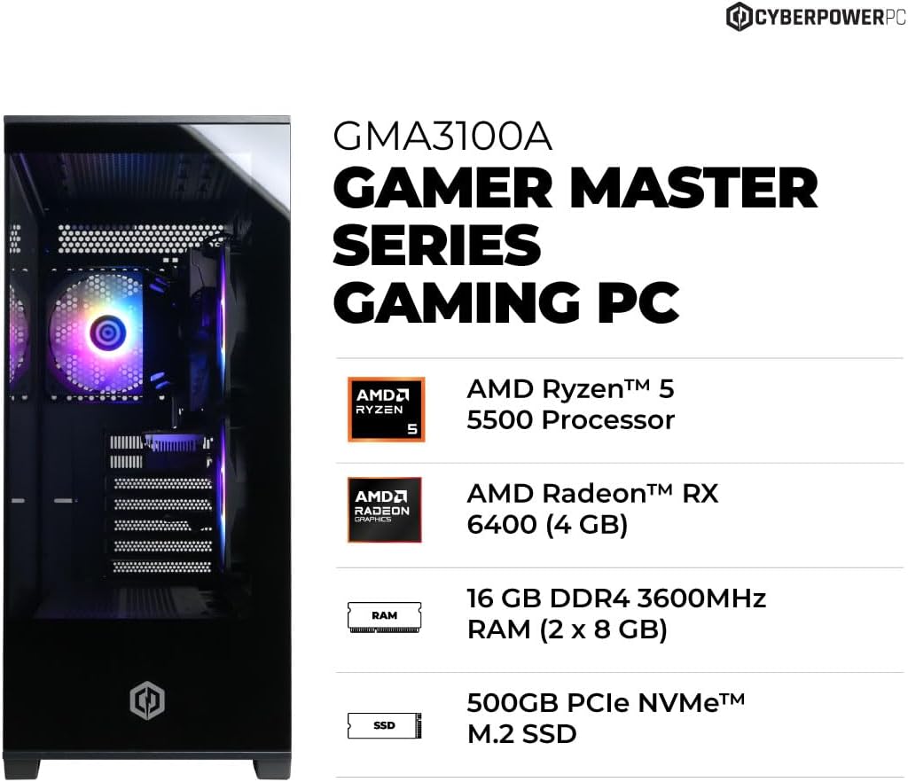 CYBERPOWERPC Gamer Master Gaming PC  AMD Ryzen 5 5500 3.6GHz  Radeon RX 6400 4GB  16GB DDR4  500GB PCIe Gen4 SSD  WiFi Ready & Windows 11 Home (GMA3100A)