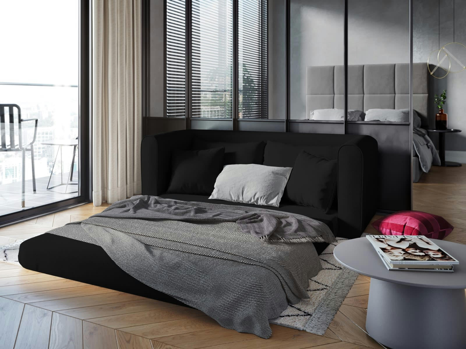 LIDO - Canapé convertible 2 places en tissu structuré noir