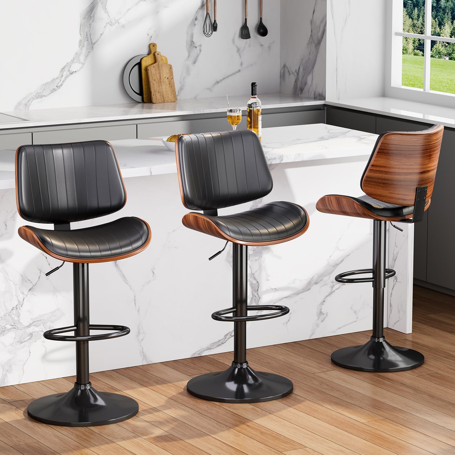 Swivel Bar Stools Set of 3, Adjustable Bentwood Barstools for Kitchen Counter, Modern PU Leather Upholstered Bar Chair with Back and Footrest, for Kitchen Island, Bar, Dining Room, Black