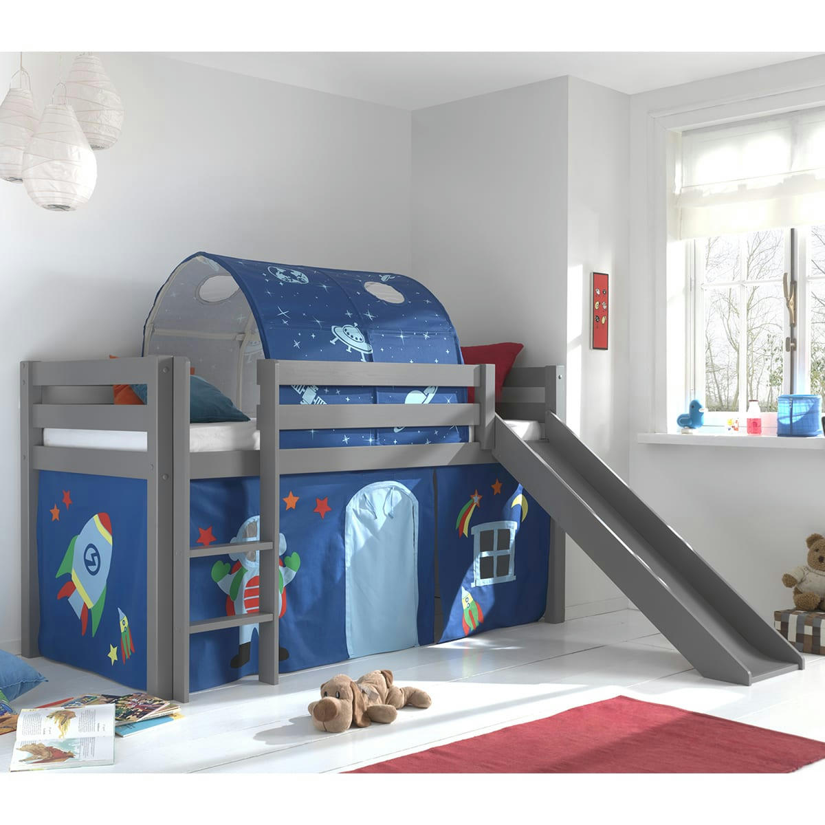 PINO - Lit mi-hauteur 90x200 toboggan sommier inclus housse astro gris