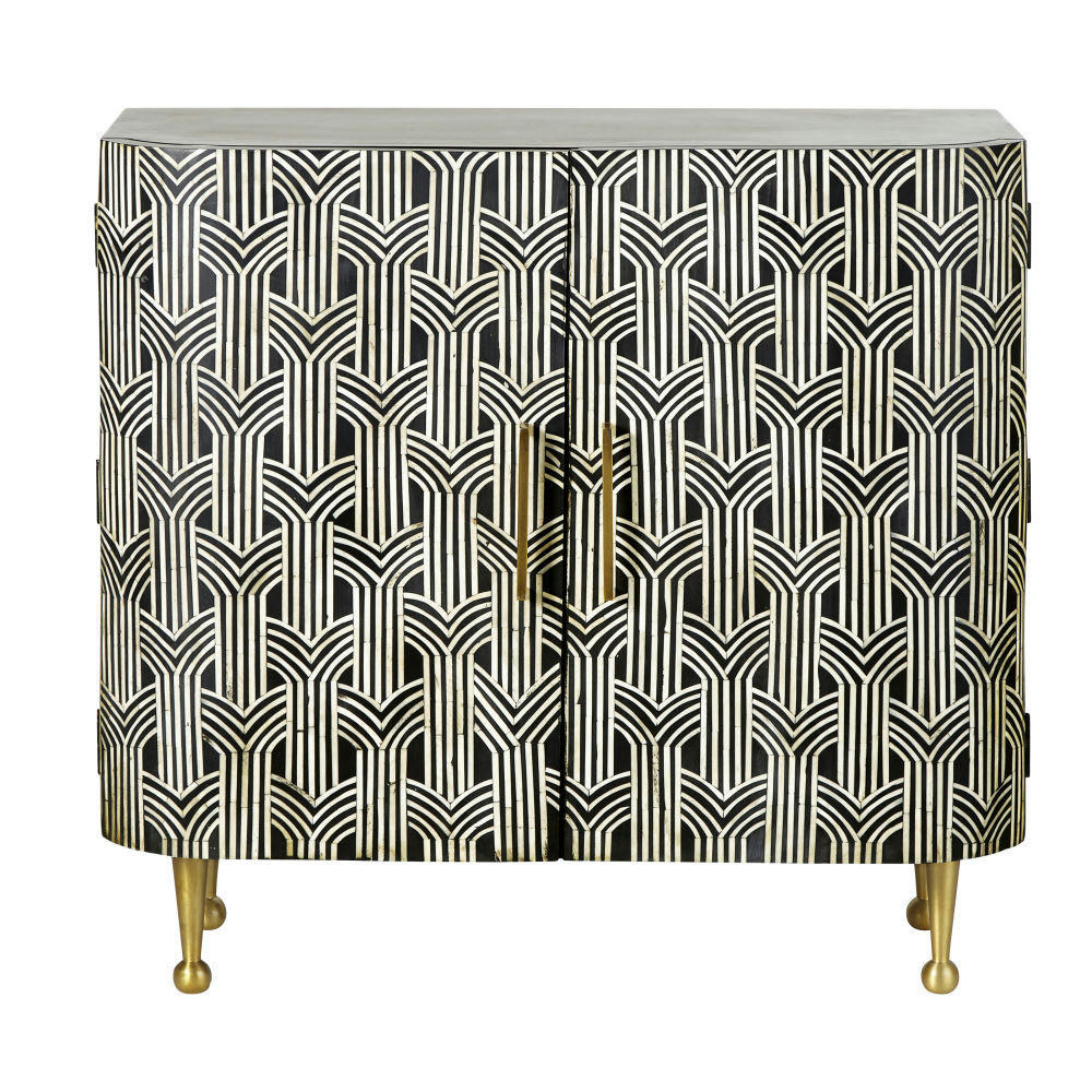 Ringo - Buffet 2 portes noir motifs en marqueterie d'os