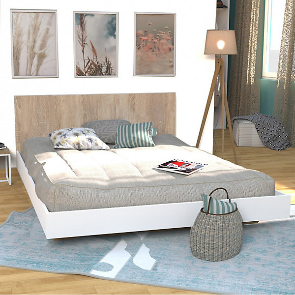 Lit LOFT 140x190   1 sommier   tête de lit / Décor Blanc &chêne blanchi
