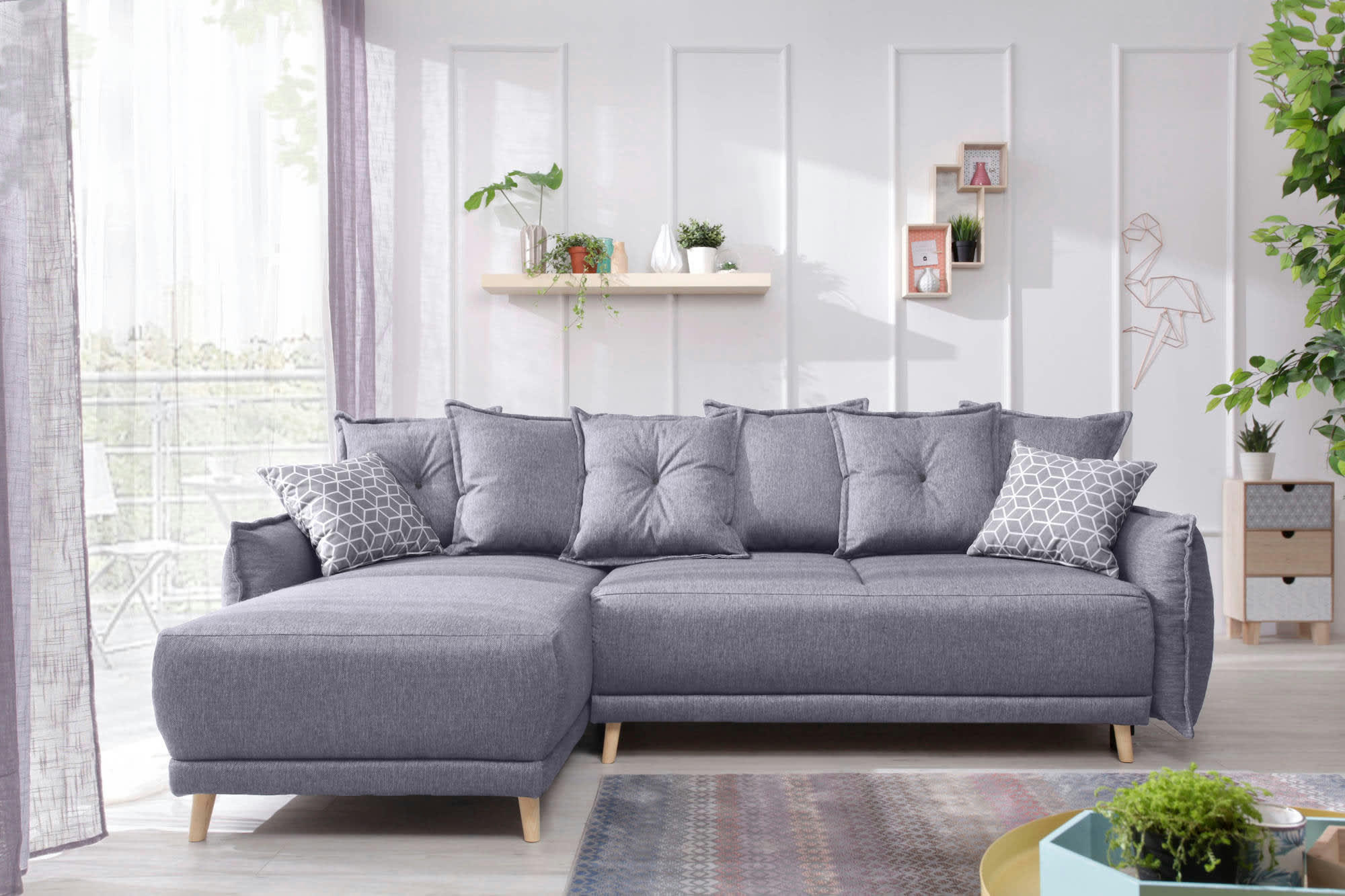 LENA - Canapé d'angle réversible convertible 4 places en tissu gris clair