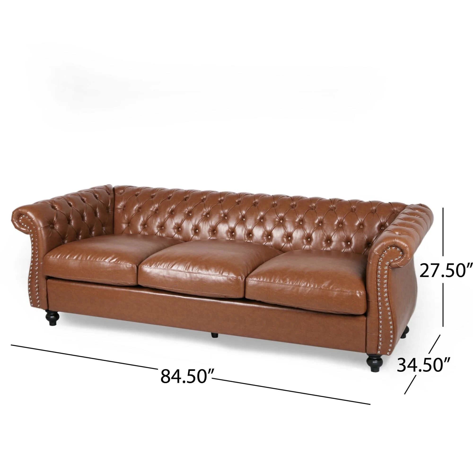 Cognac Chesterfield 84.75 Button Tufted Upholstered 3-seater Sofa with Nailheads and Wood Legs for Living Room