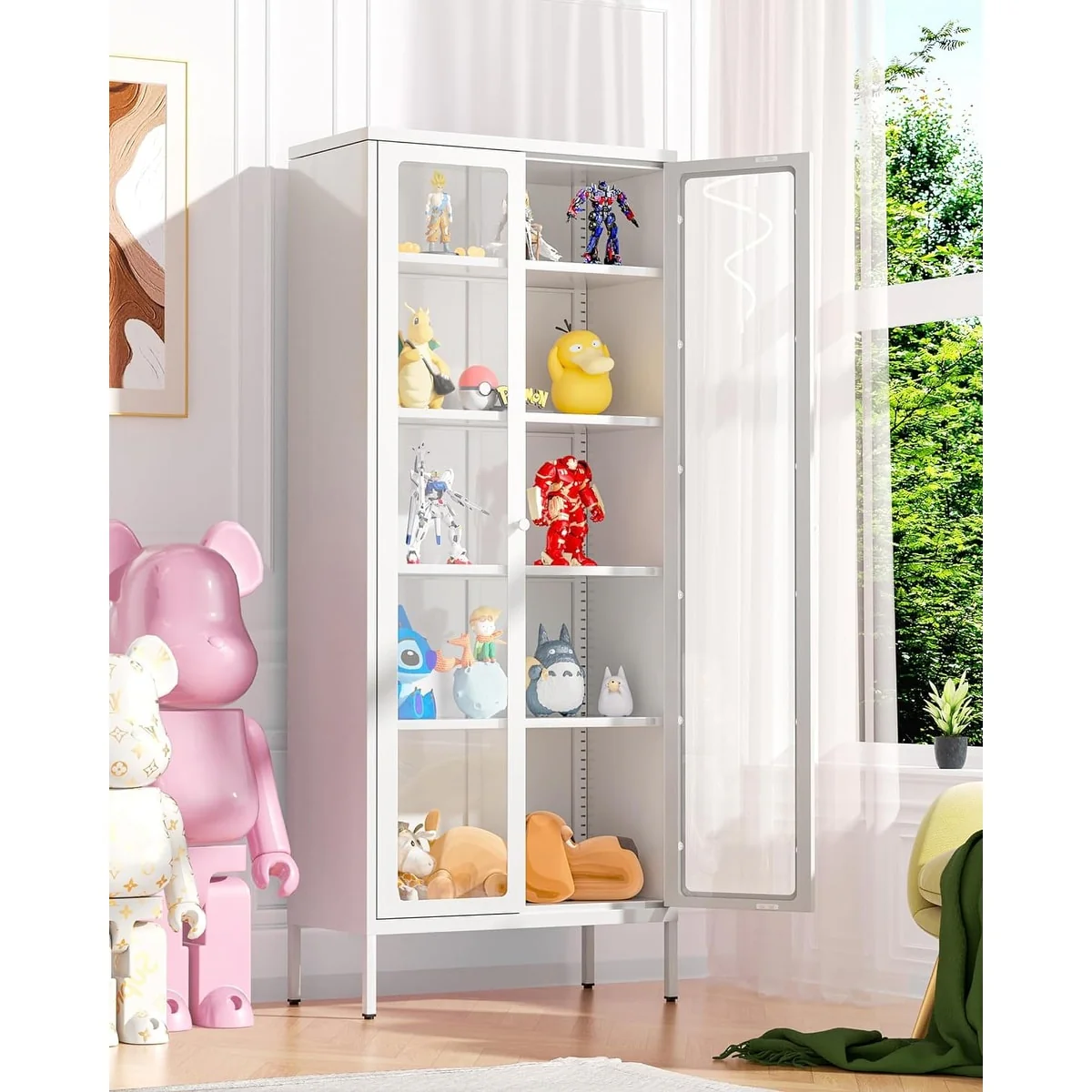 67 Display Curio Glass Metal Storage Cabinet Bookshelves with Glass Doors and 4 Adjustable Shelves