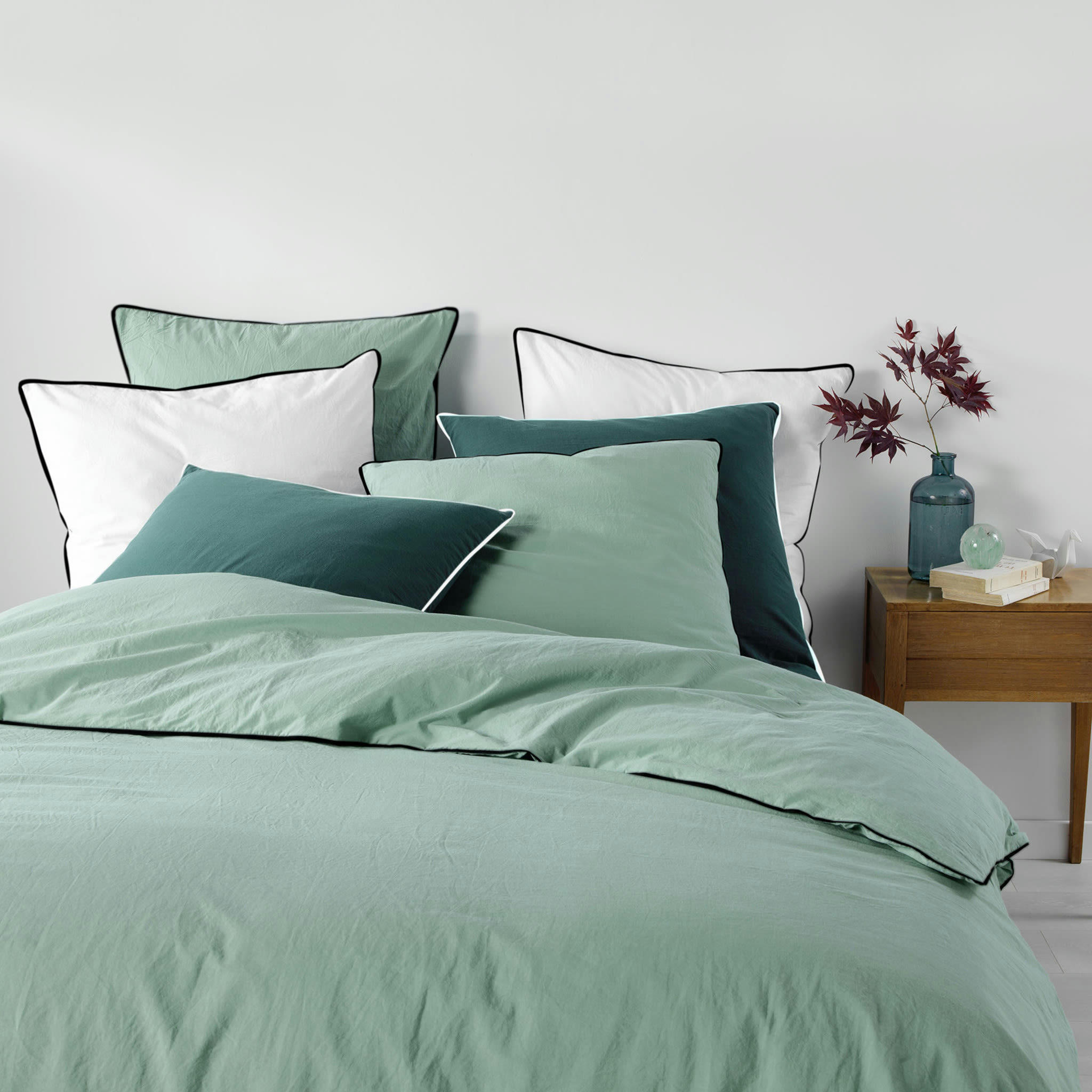 - Parure de lit en coton vert sauge 240 x 220 cm