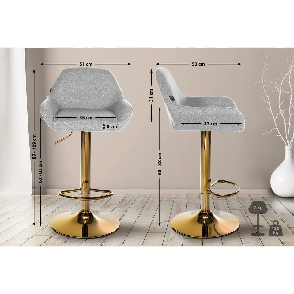 CLP Set van 2 Barkruk Braga goud Frame - Stof - grijs