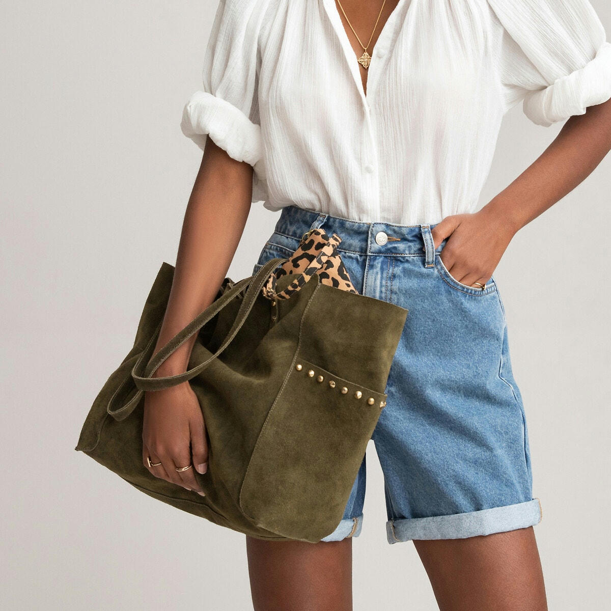 Sac cabas en cuir souple, pochette imprimé léopard