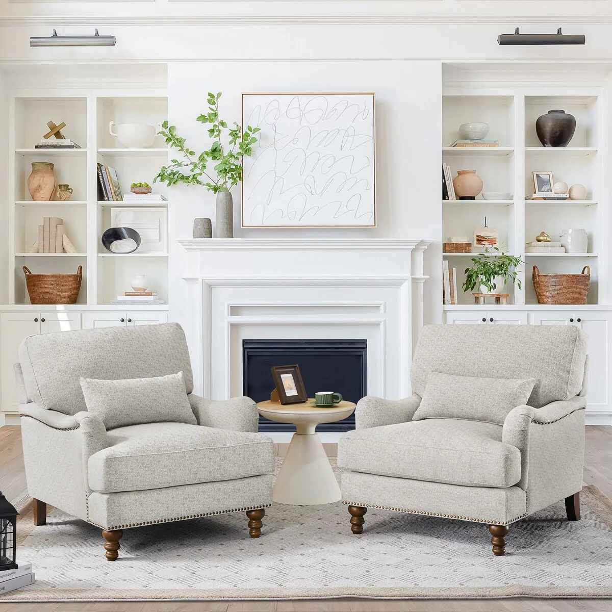 Modern Arm Accent Chair Upholstered Solid Wood Frame Accent Chairs with Lumbar Pillow for Living Room