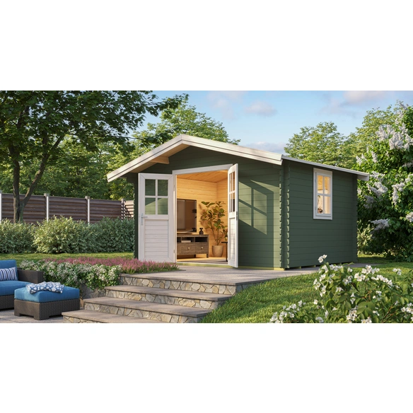 Gartenhaus »Donau«, (BxHxT): 424,3 x 245,1 x 348 cm (Außenmaß), 34 mm Wandstärke, grüngrau/weiss