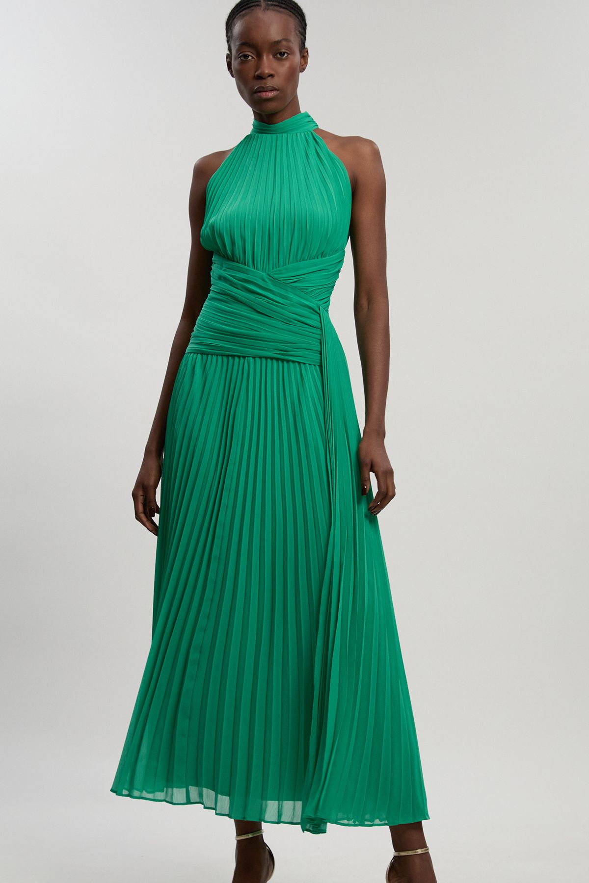 KarenMillen Pleated Twist Front Woven Halter Midi Dress