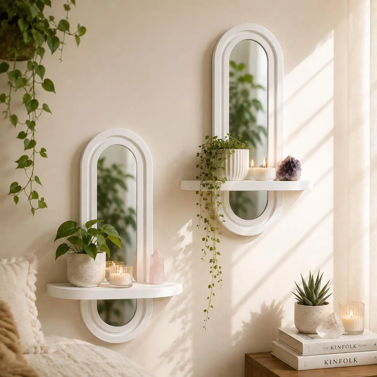 Wood Floating Shelf with Arched Mirror – Boho Wall Decor Wall Mounted Organizer for Keys and Mail Living Room Accent Decor.