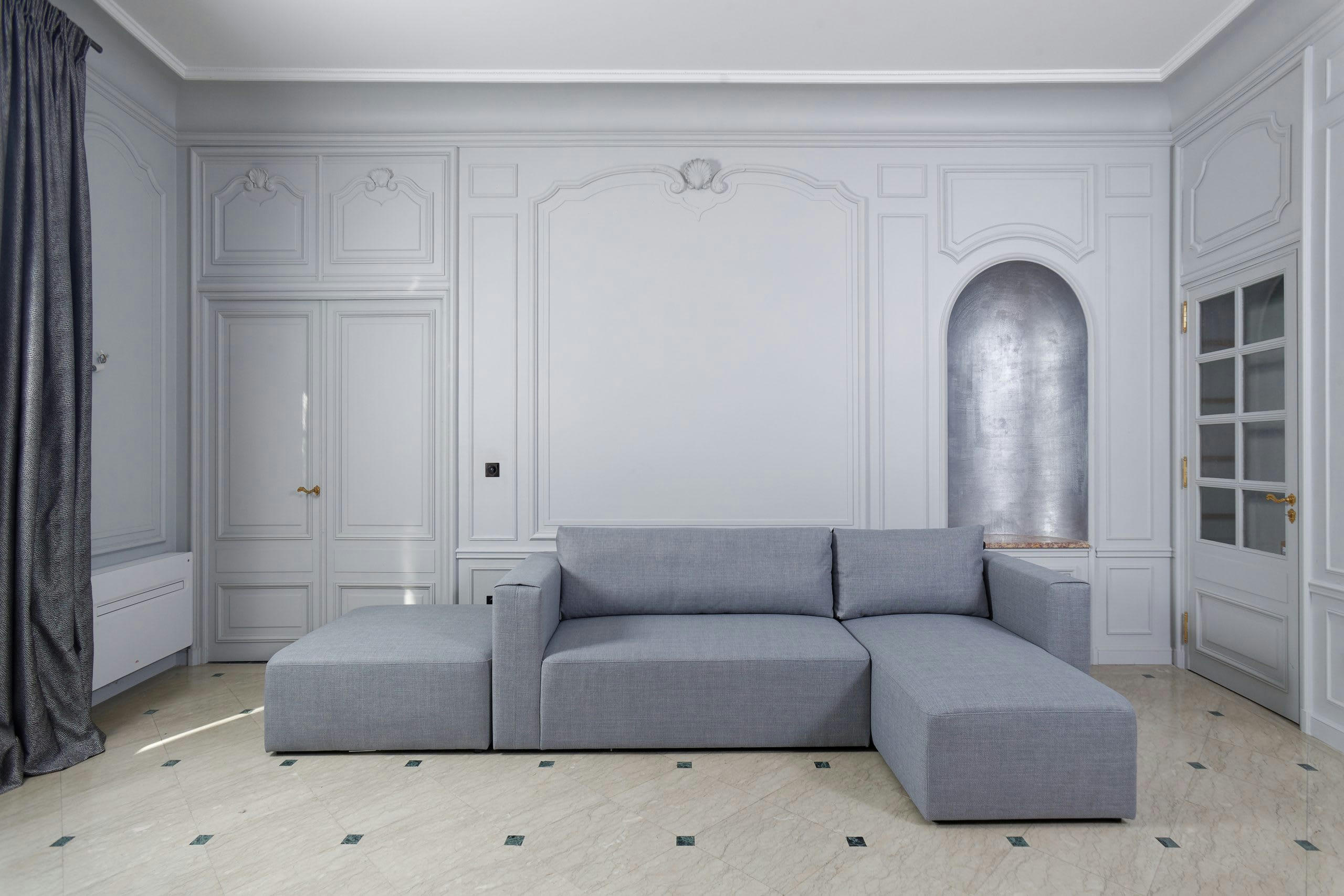 CARDINAL - Méridienne droite pour canapé modulable en tissu chiné gris