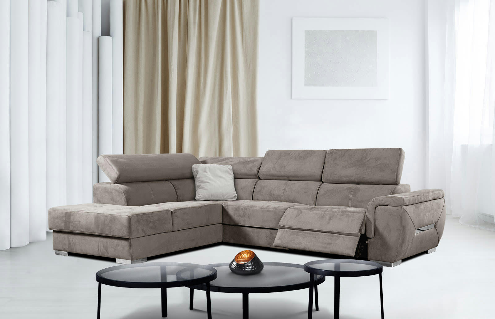 KELTE - Canapé d'angle gauche 5 places avec une relaxation tissu marron clair