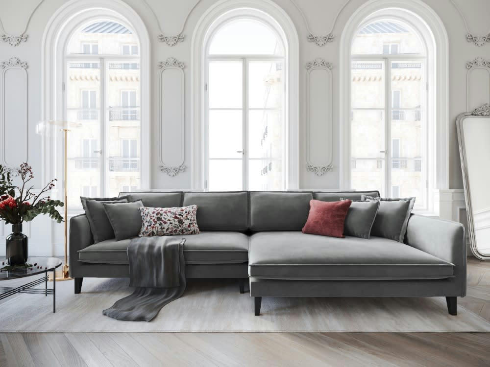 PROVENCE - Canapé d'angle 4 places en velours gris clair