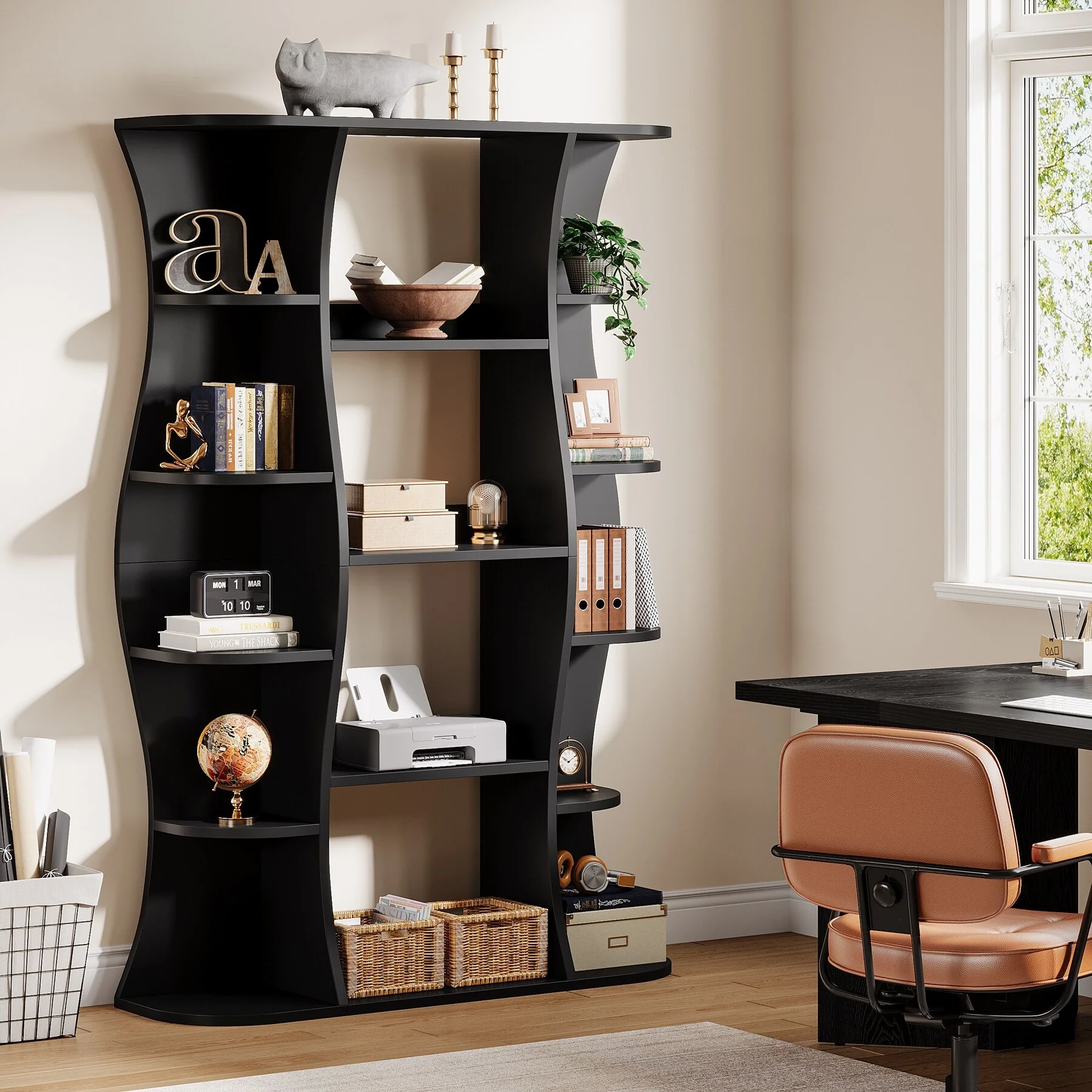 70.87 Black Tall Bookcase, 5-Tier Open Bookshelf with Storage