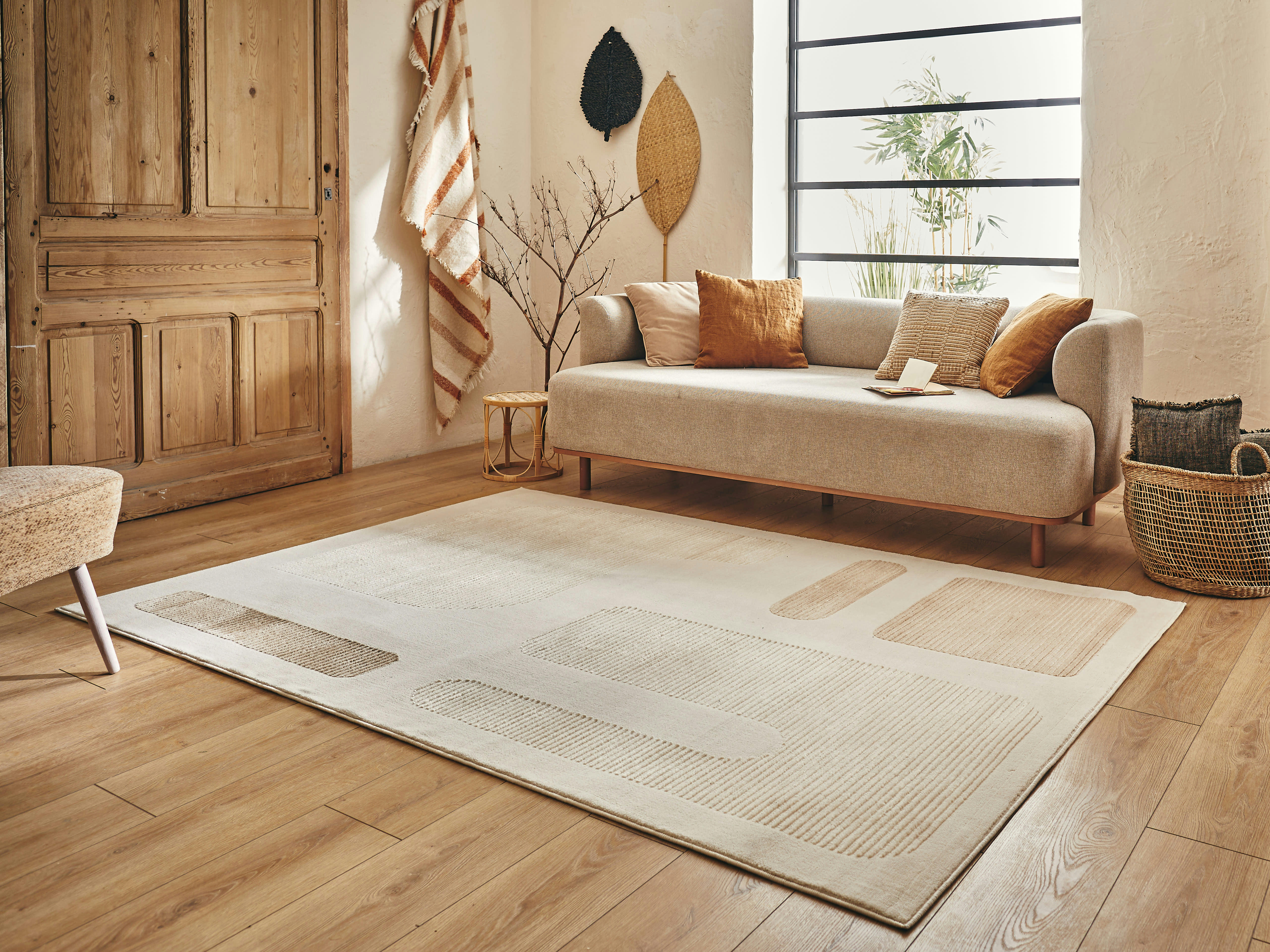 BIANCA - Tapis motif géométrique en relief - crème et beige - 80x150cm