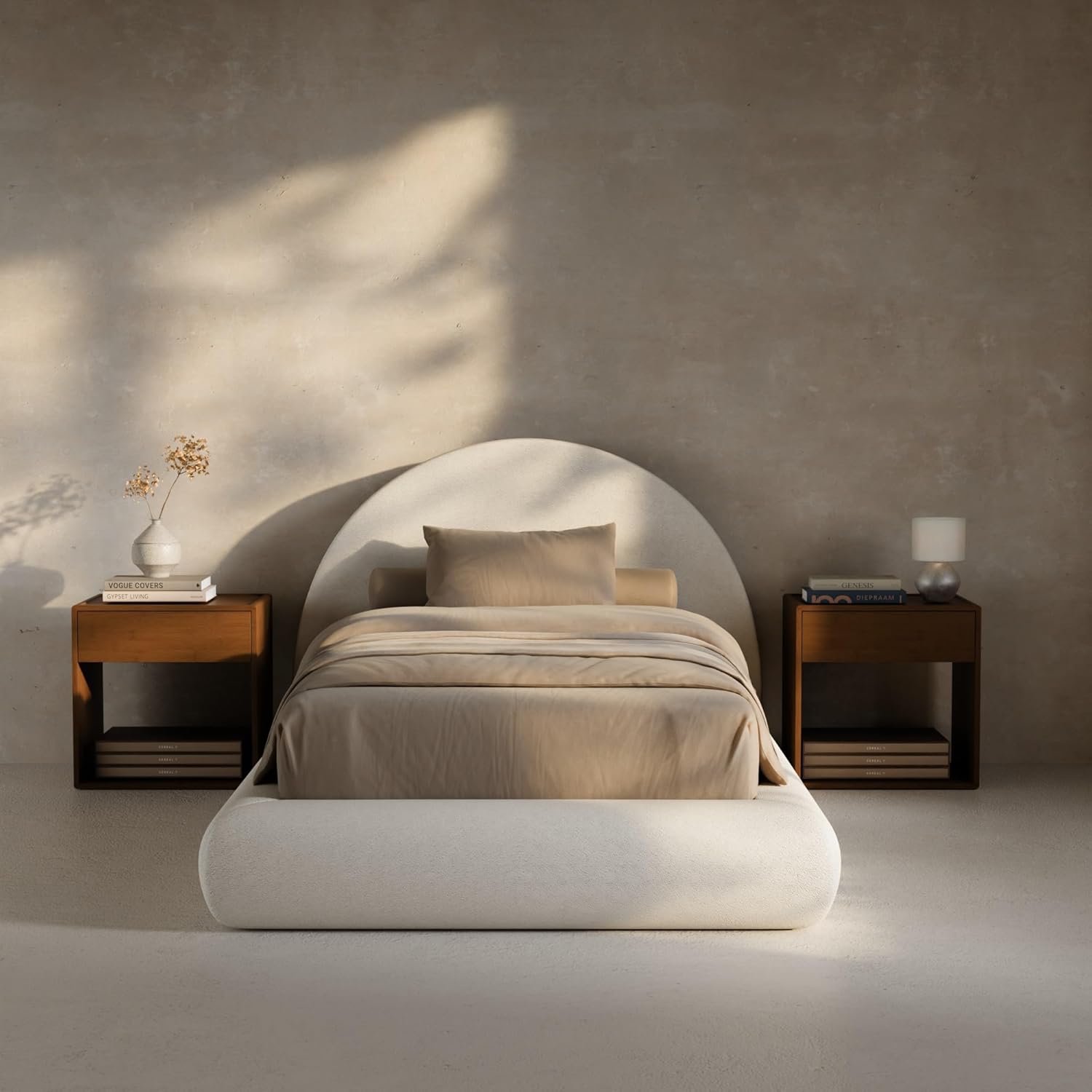 RECCI Half-Moon Upholstered Twin Platform Bed Frame, Velvet Curved Arched Base with Headboard, 5 Inch Fully Round Cushioned Foam, No Box Spring Needed, Easy Assembly | Round Shaped, Boucle, Low-profile, Soft
