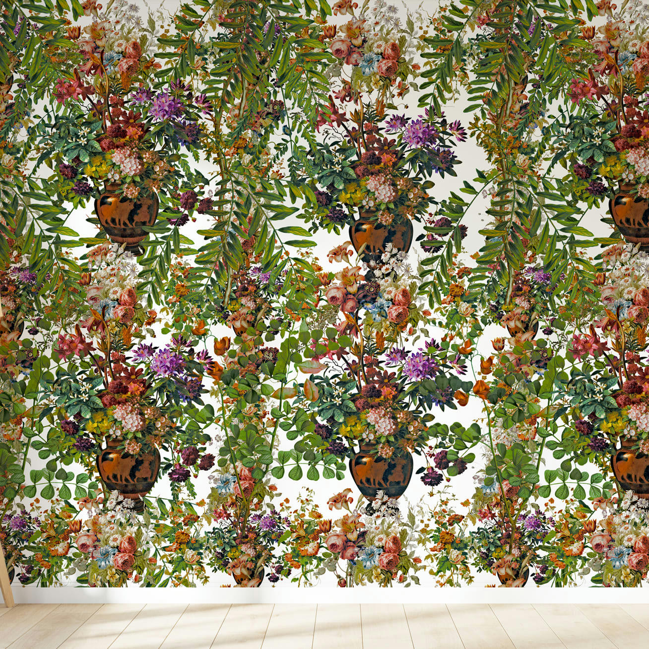 - Papier peint motifs fleurs feuillage blanc  425x260cm