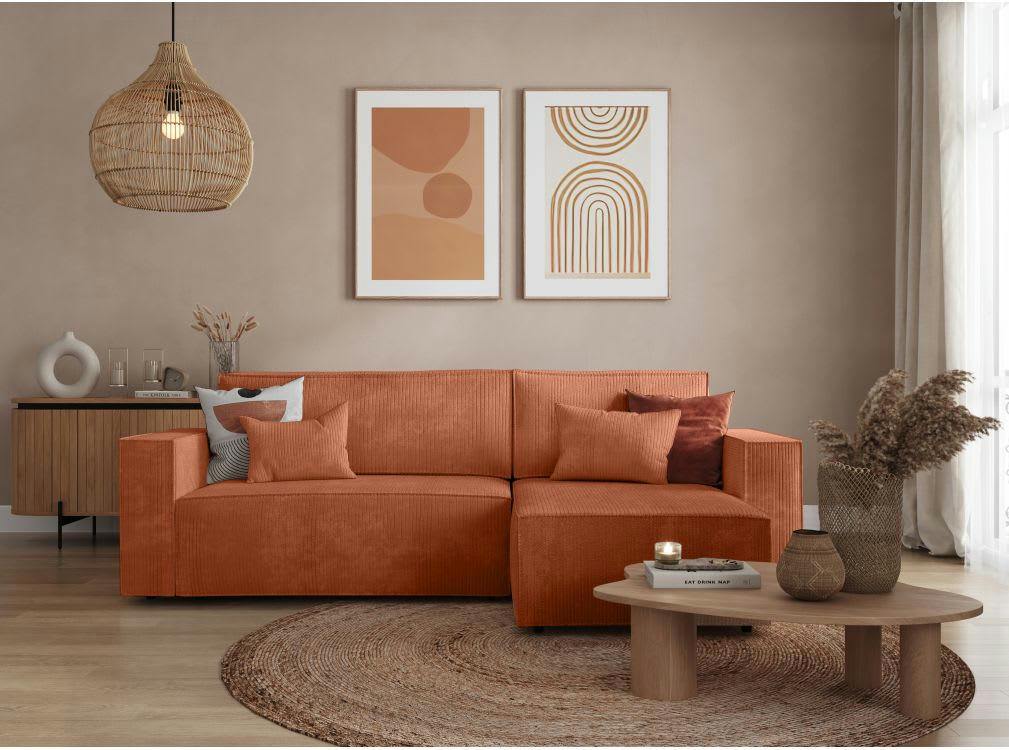 - Canapé d'angle réversible et convertible 3places en velours Terracotta