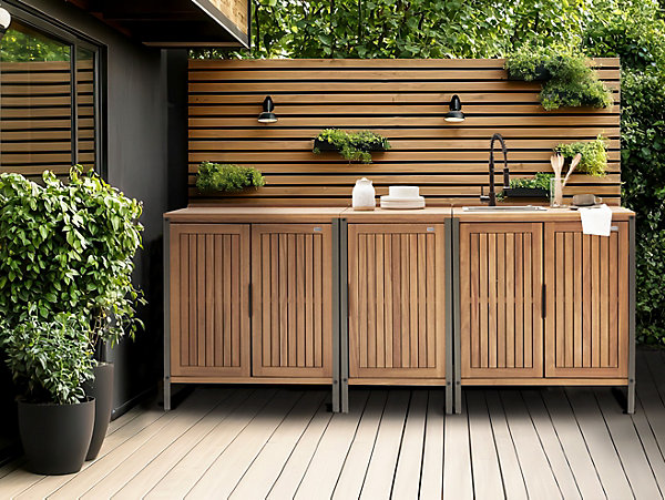 Cuisine d'extérieur 3 pièces avec évier IVREA Bois d'acacia certifié Marron/noir