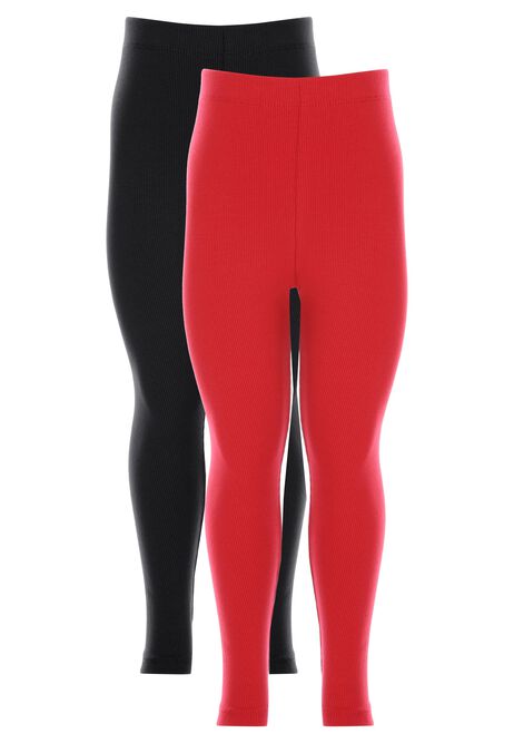 Younger Girls 2pk Red & Black Ribbed Leggings