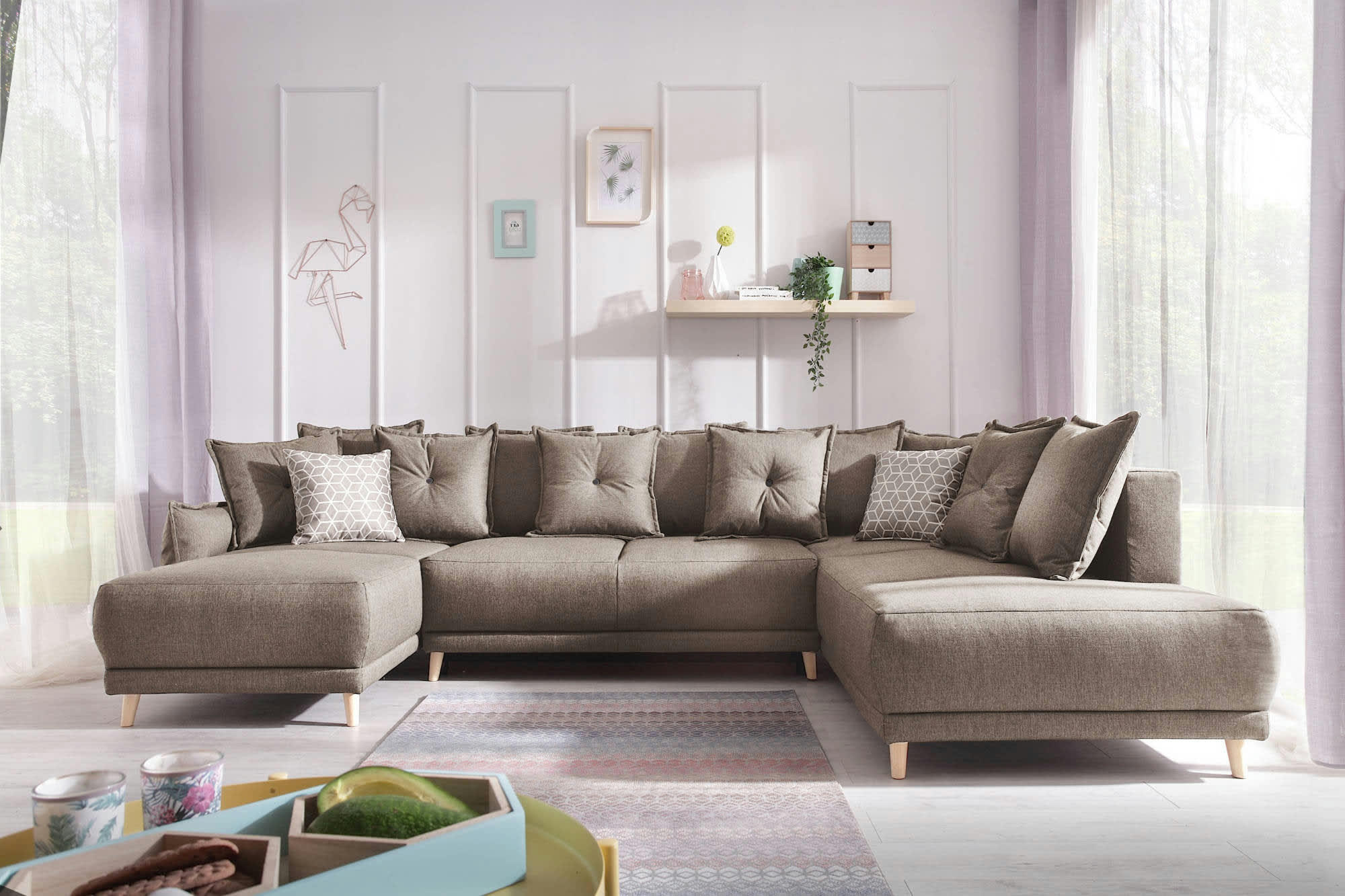 LENA - Canapé panoramique 7 places angle droit en tissu marron