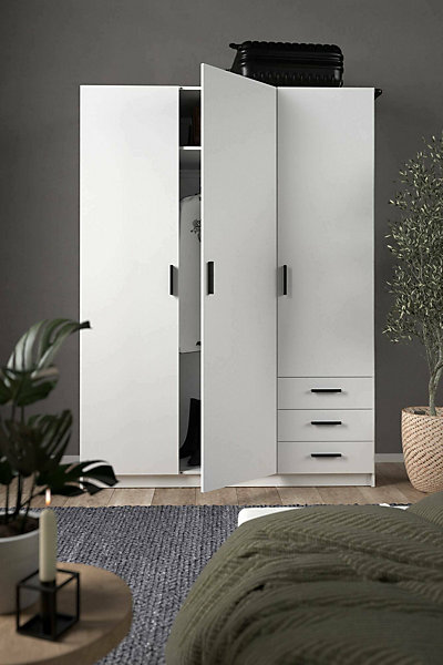 Garde-robe 3 portes Simeon, Meubles de chambre, Penderie de plain-pied, Placard à vêtements, 147x50 h200 cm, Blanc