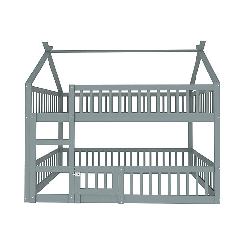 Lit superposé familial 140x200 cm en bois massif gris avec escalier sécurisé et design loft pour enfants
