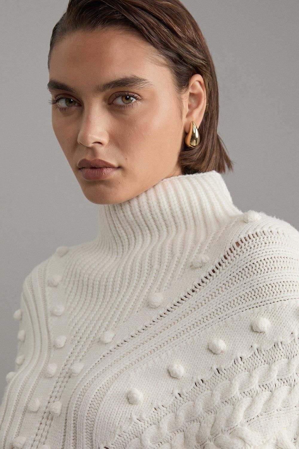 KarenMillen Bobble Detail Balloon Sleeve Cable Knit Viscose Blend Jumper