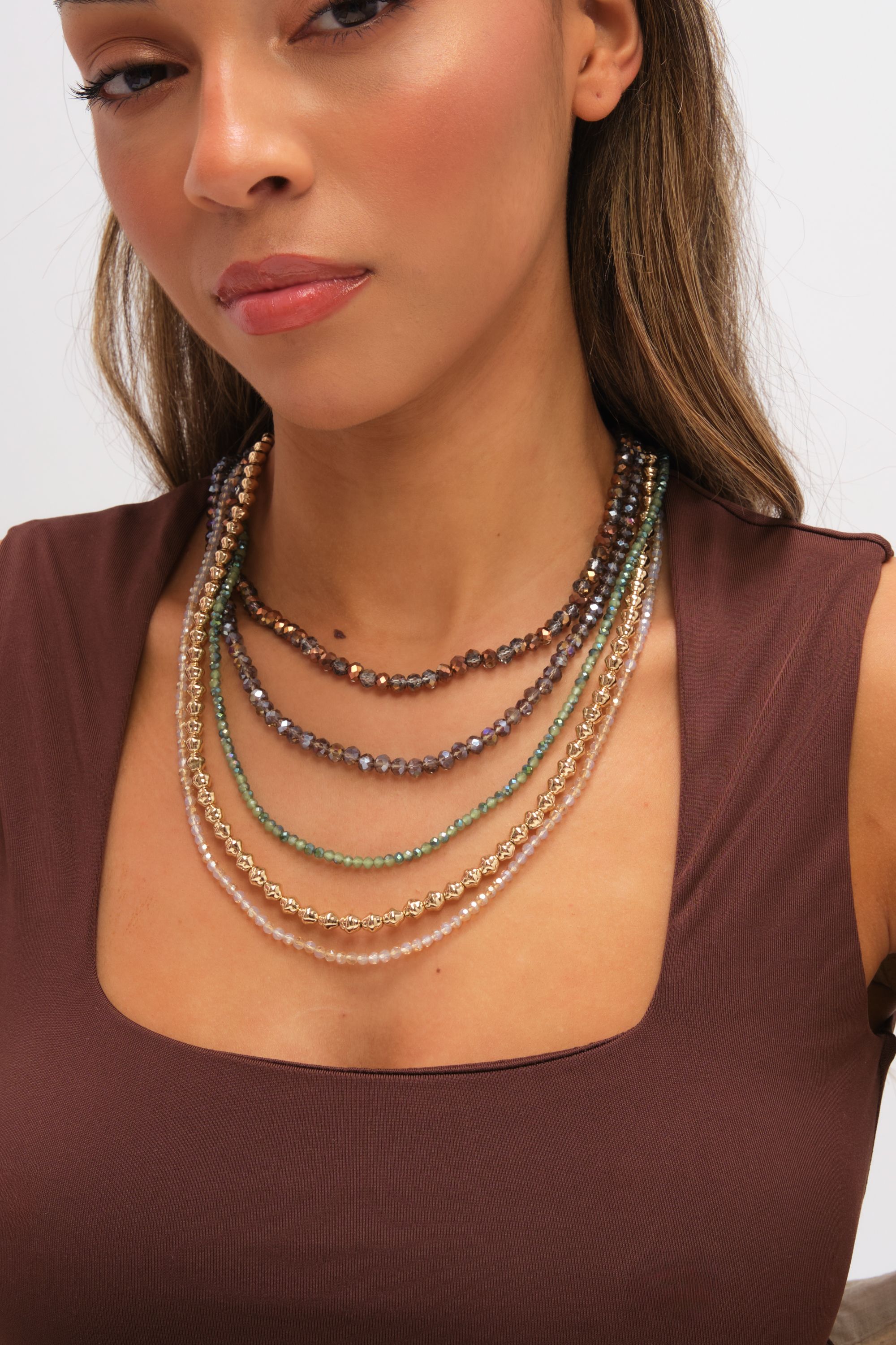 Mood Gold Plated and Polished Multi Colour Beaded Multirow Necklace