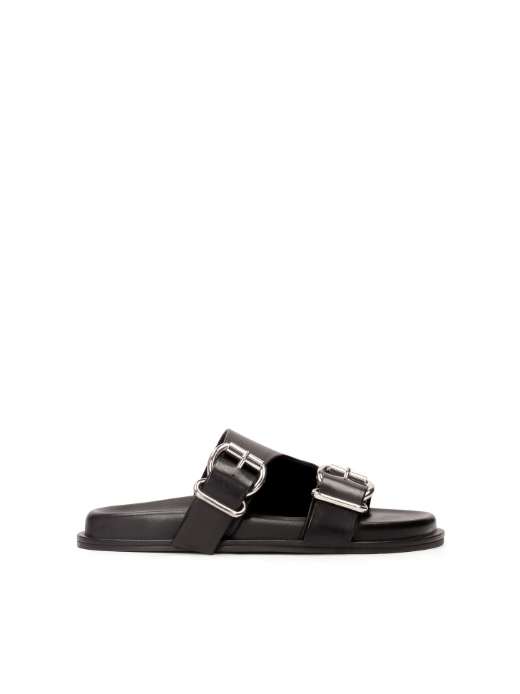 Black slides with two buckles on a comfortable sole