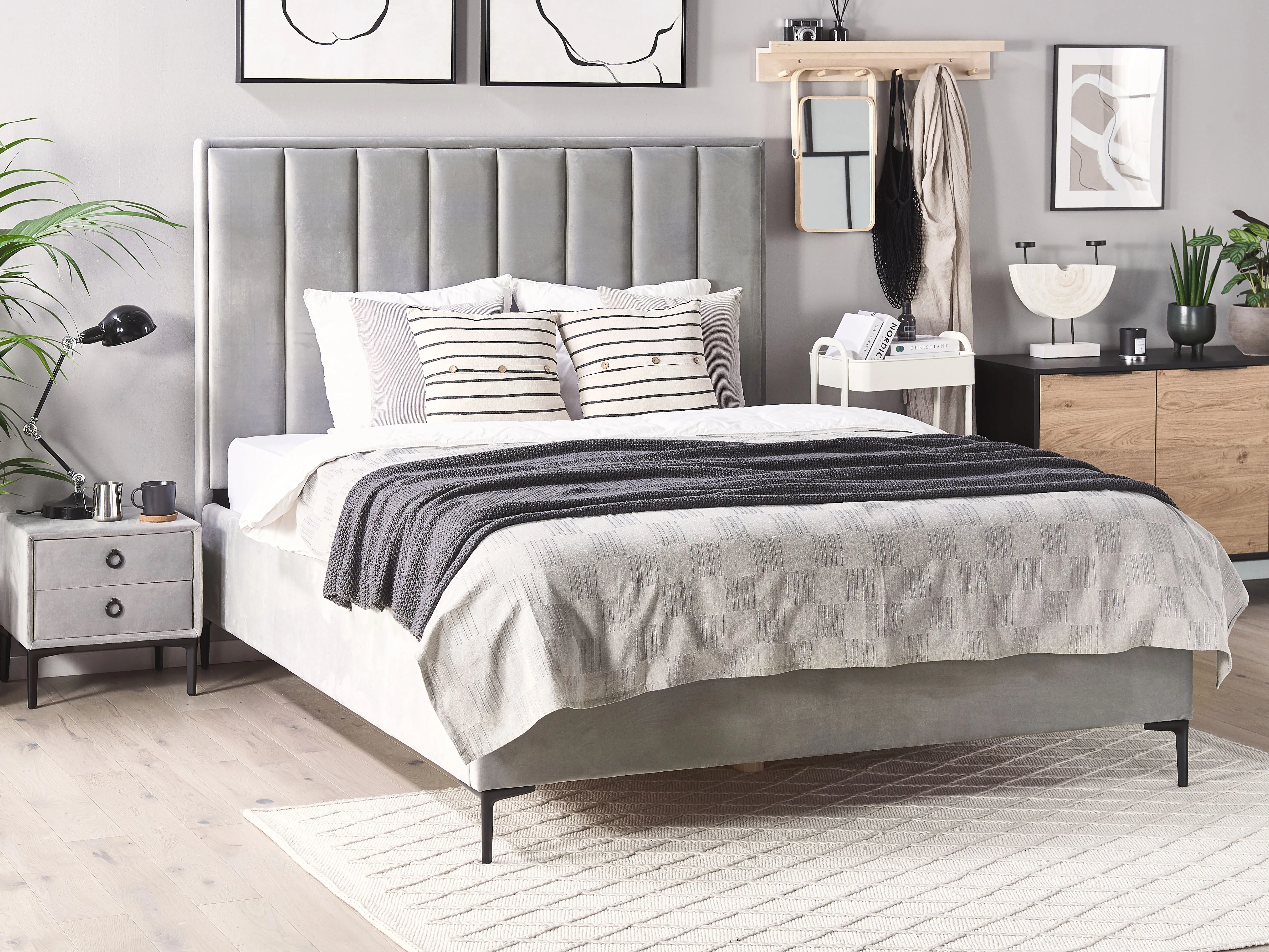 Ottoman Bed Velvet SEZANNE 180 x 200 cm (EU Super King) Light Grey