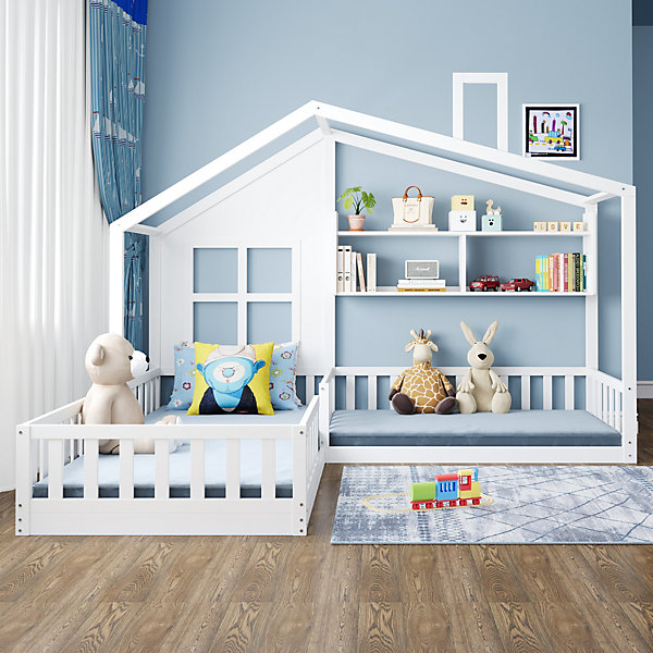 Lit enfant 90x200 cm - Cabane avec Fenêtre et Coffre de Rangement, MDF/Bois, Blanc - Sans Matelas