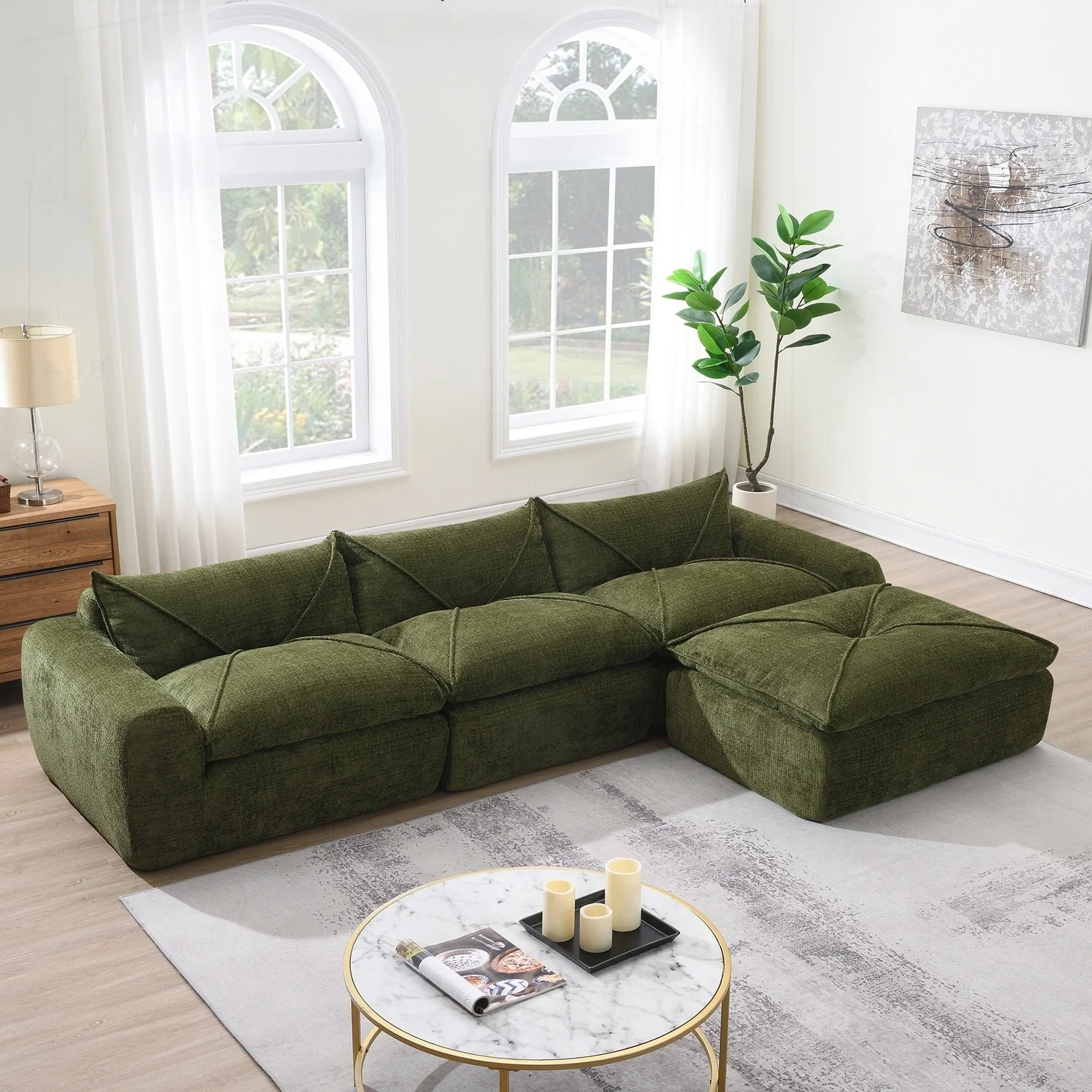 Versatile Compressed Sofa with Integrated Cushions and Movable Ottoman