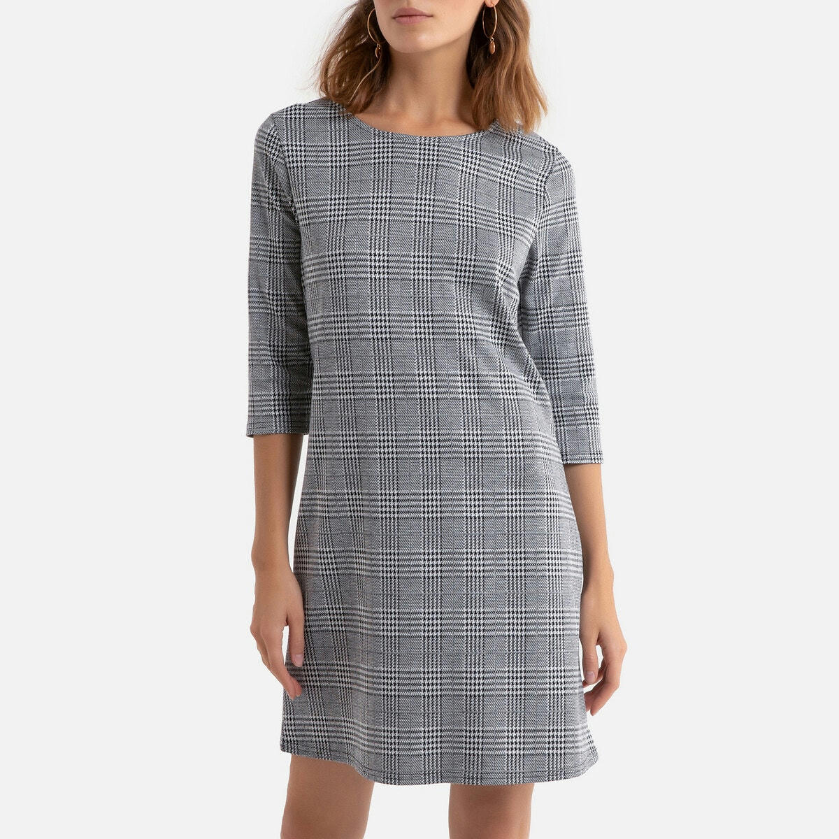 Robe courte à carreaux, manches 3/4