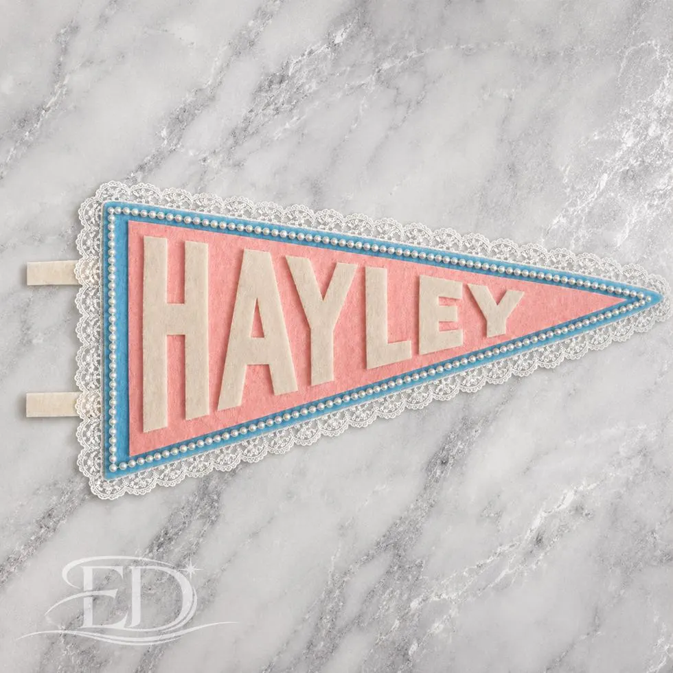 Custom Pennant Flag, Pearl & Lace Felt Pennant, Custom Name Dorm Decor, Custom Birthday Nursery Decor Keepsake